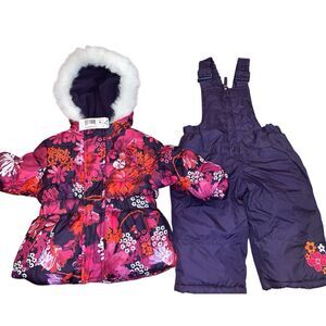Pacific Trail Jacket Snow Pants Set Baby Girl Sz 9mo Purple Floral Fur Trim Hood